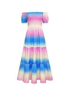 Vestido casual de verano elegante con hombros descubiertos y fruncido en degradado - Multicolor - Ver 6