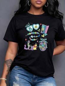 Hearts And Smiling Monster Figures Representing Friendship And Joy In A Colorful World Full Of Magical Doors. Modern And Fun Women's T-Shirt, Casual Short Sleeve. - 黑色 - 查看 1