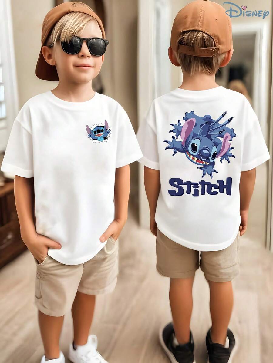 Kids' Disney Lilo & Stitch "Breakthrough" Double-Sided Graphic T-Shirt, 3D Stitch Tee, Soft Breathable Casual Top, Ideal For Theme Parks, Family Vacations, School, Playground & Everyday Wear - trắng - Xem 1