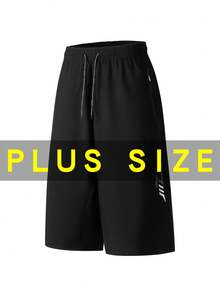 Plus Size Men's 7-Inch Sports Shorts, Black Baggy Pants, Zipper Pockets, Elastic Waist & Lightning Print, Summer Casual - Black - View 12