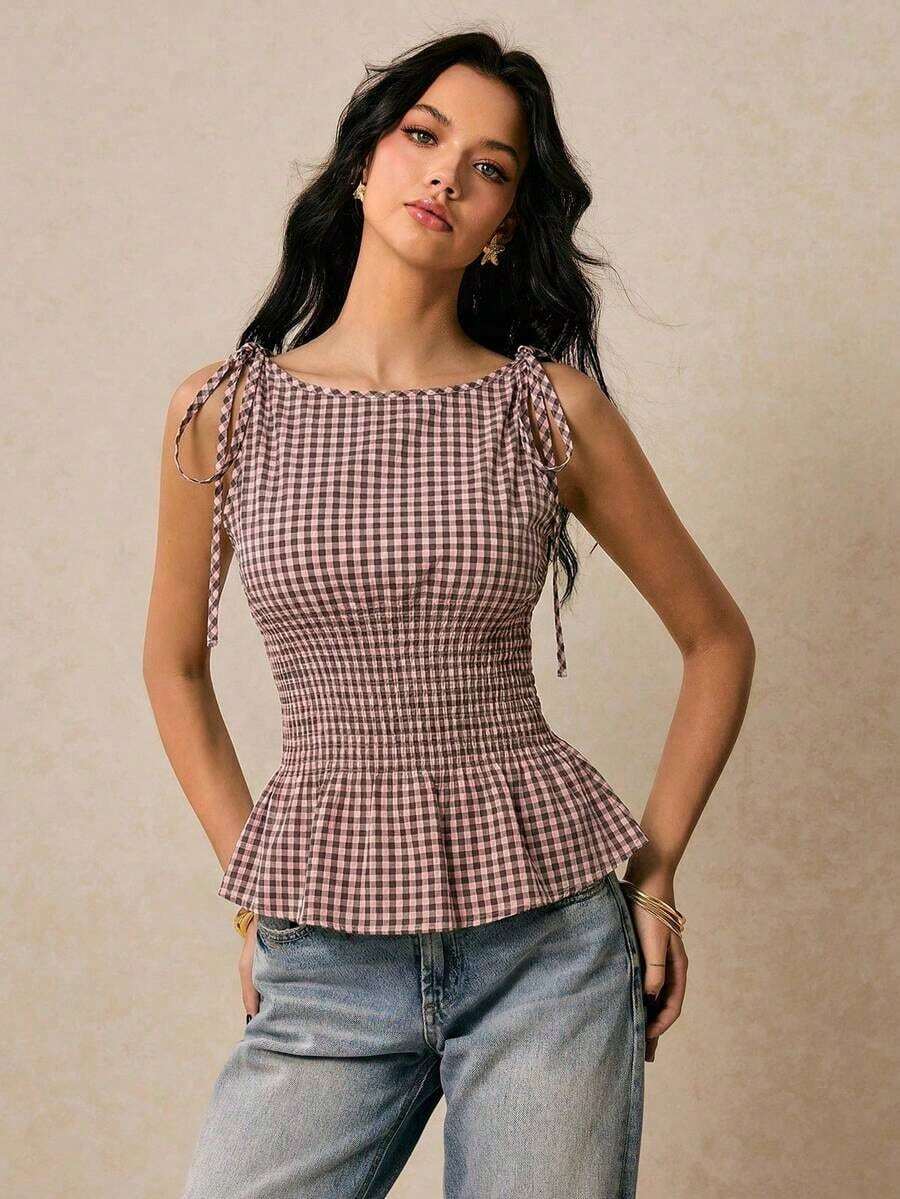 de peplum con smock a cuadros para mujer - Blusa sin mangas con lazos de contraste en los hombros, cintura ceñida estilizadora, top de tirantes casual y elegante a cuadros marrones para el trabajo, el brunch y las vacaciones, Top sin mangas - Multicolor - Ver 1