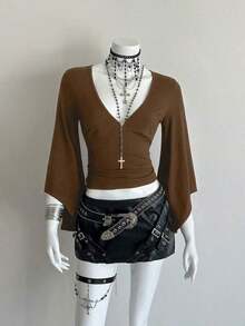 Camiseta ajustada con cuello en V profundo y mangas acampanadas sexy - Marrón - Ver 6
