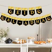 2sets/1set Eid Al-Adha Party Banner Set, Black & Gold Glitter Moon, Star And Sheep Decor Bunting Suitable For Eid Al-Adha Festival And Holiday Decoration - Multicolor - View 2