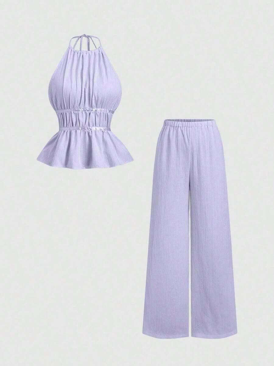Conjunto de 2 piezas estilo francés relajado con camiseta sin mangas de cintura ceñida y pantalón ancho de pierna holgada, un conjunto de moda para mujeres - Morado - Ver 1