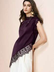 Blusa de mujer , de tela de piqué con lunares en blanco y negro, con empalme de encaje de unicolor y bajo asimétrico, elegante para citas y atuendos de verano - Morado - Ver 8