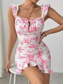 Vestido con estampado floral, volantes y bajo sexy para mujer - Rosa - Ver 8