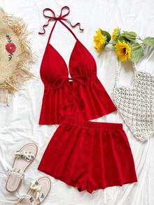 Conjunto de 2 piezas de vacaciones para mujer, top de tirantes con escote en V con textura rojo y shorts sueltos extremadamente cortos, adecuado para citas, fiestas y paseos por la ciudad - Rojo - Ver 7