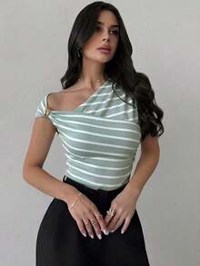 Camiseta blanca ajustada con hombro asimétrico, cintura fruncida, para mujer.Atuendo modesto y elegante para uso diario, playa, aeropuerto, vacaciones, trabajo como maestra. - Verde - Ver 4