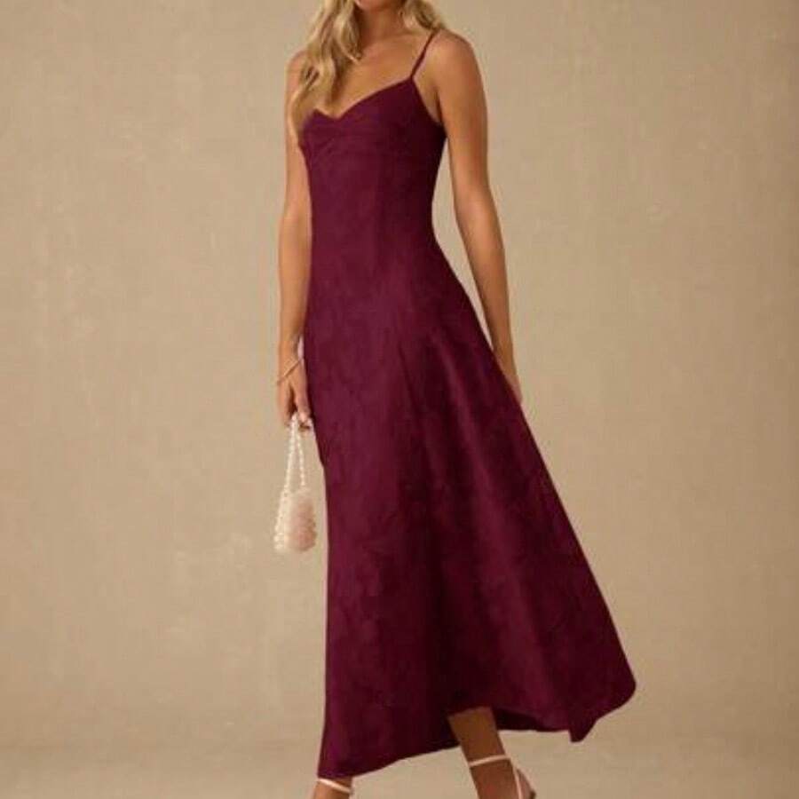 Spring/Summer Romantic Women's Pastel Purple Jacquard Pleated Backless Strap Maxi Dress,Sweet&Elegant For Vacation&Date&Holiday&Party&Graduation&Wedding Guest&Beach,Prom Dress,Summer Dresses For Women,Sun Dresses For Women,Summer Clothes - Burdeos - Ver 1