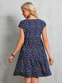 Vestido midi azul de manga corta y manga murciélago con estampado floral para mujer, vestidos de verano para mujeres - Azul marino - Ver 2