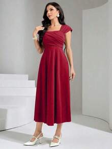 Vestido elegante de manga raglán y cuello cuadrado con detalle cruzado en el busto, de unicolor para mujeres - Rojo - Ver 6