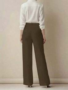 Pantalones de traje minimalistas de oficina de pierna ancha y recta de cintura alta para mujer - Marrón - Ver 2