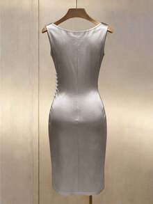 Vestido ajustado sin mangas con cuello drapeado de satén color dorado champán - Plateado - Ver 2