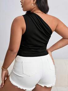 Camisetas sin mangas de talla grande para mujer, Top Sexy con un hombro y hombros descubiertos, Top elegante con dobladillo asimétrico, ropa de calle lisa Y2K - Negro - Ver 2