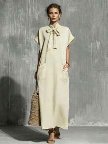Vestido Midi Casual para Mujer 2026, Verde Militar, Sólido, con Lazo en la Cintura y Manga Corta - Albaricoque - Ver 1