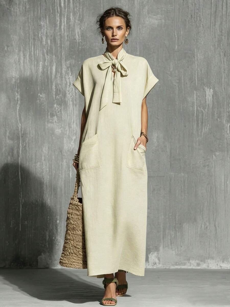 Vestido Midi Casual para Mujer 2026, Verde Militar, Sólido, con Lazo en la Cintura y Manga Corta - Albaricoque - Ver 1
