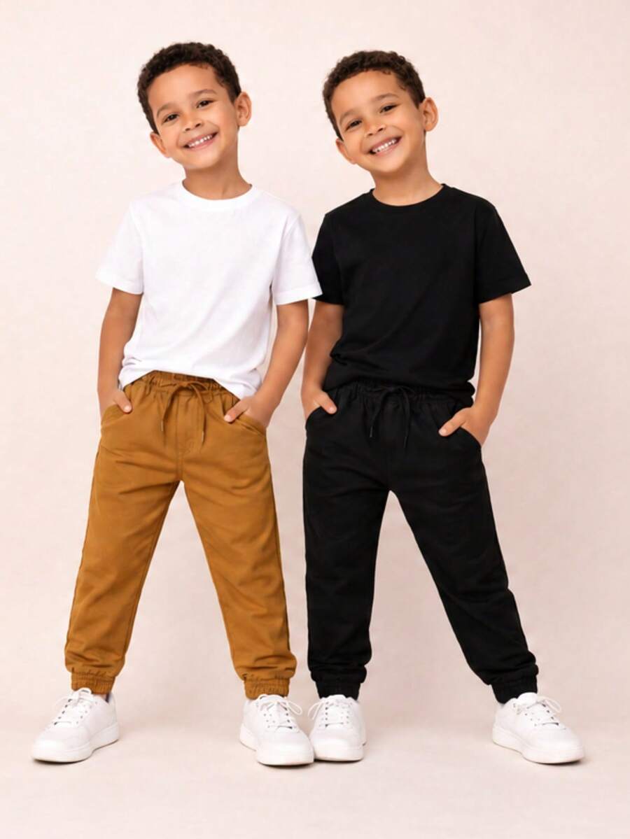 Boys' High-Quality Slim Fit Twill Pants - 焦糖 + 黑 - 查看 1