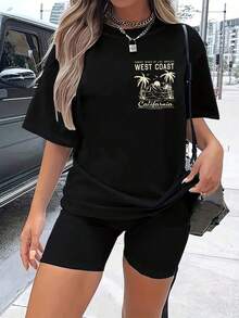 1 Piece 180g Women's Cotton Shirt, Oversized Short Sleeve Round Neck With Print For Daily And Street Wear, Designed By Y2K Artists In The Bababask Style - 黑色 - 查看 6