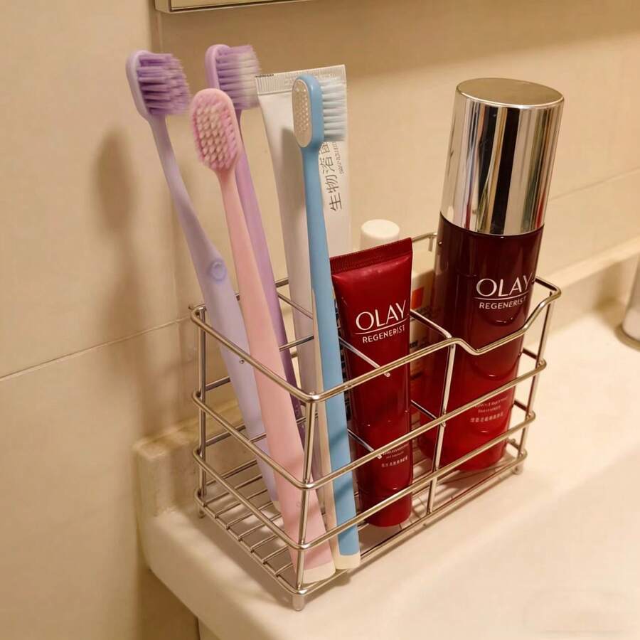 不锈钢牙刷架多功能收纳架，浴室台面牙膏化妆品收纳架，家用化妆刷及茶具沥水架 - 查看 1