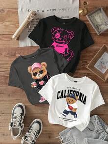 , conjunto casual de una pieza, sencillo, con estampado de oso lindo en blanco y negro, camiseta de manga corta, cuello redondo, holgada, adecuada para que las mujeres la usen en verano. - Negro - Ver 8