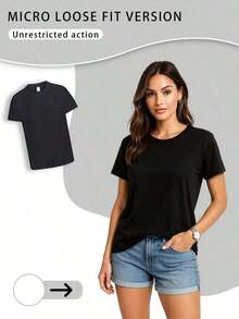 Camiseta de manga corta con cuello redondo de algodón suave para mujer Vian Lanman, diseño gráfico de lazo de encaje azul. Camisa rosa suave para mujer, casual, 100% algodón. - Negro - Ver 3