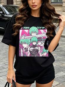 Women's Summer Casual Soft Round Neck Short Sleeve T-Shirt |   Anime Poster | Tops For Going Out,European And American Street Style,Sporty Casual,Unisex Style,Urban Casual Style,Nice Tops,Gen Z,Curve,Y2K Clothes,Funny T-Shirts, Ladies Tops,Holiday Outfits For Women,Cute Top,Graphic T-Shirt,Spring Outfits, Baggy T-Shirts,Retro Streetwear,90s Style,2000s Style,Subculture,Black Top,White Tops,90s Party Outfit. - màu đen - Xem 4