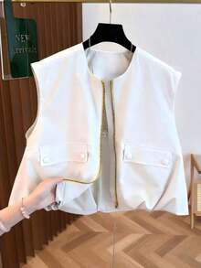 Chaleco corto sin mangas para mujer, con dobladillo de burbuja de unicolor fresco de otoño, cuello redondo con cremallera, de moda y versátil, ajustado negro de verano - Blanco - Ver 3