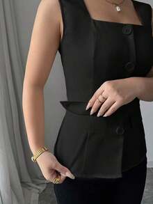 Blusa elegante de mujer con cuello cuadrado sin mangas, decoración con bolsillo falso, camisa ajustada de oficina, primavera/verano - Negro - Ver 4