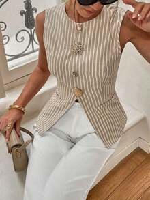 Chaleco de rayas finas elegante y de lujo, blazer sin mangas de verano de color azul marino elegante, atuendos de oficina y trabajo de negocios para mujeres, chaleco ajustado con botones enjoyados único y elegante, top social de moda para ir al trabajo - Multicolor - Ver 6