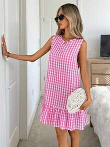 Vestido de verano estilo bohemio con cuello redondo sin mangas y corte evasé a dos colores a cuadros, vestido esencial para vacaciones y uso diario al aire libre - Rosa - Ver 2