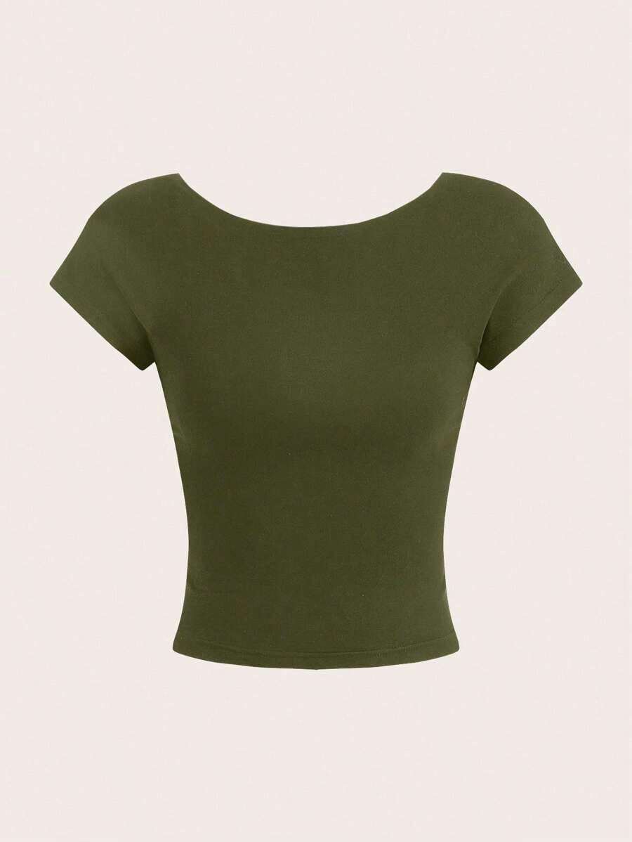 Camiseta casual de mujer de cuello de pico, manga corta y ajustada, versátil - Verde militar - Ver 1