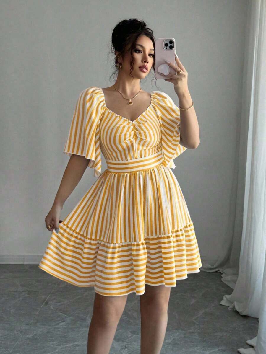 Elenzya Vestido de primavera y verano de talla media con rayas azules y blancas, manga corta, elegante y casual, con cintura ajustada para mujeres - Multicolor - Ver 1