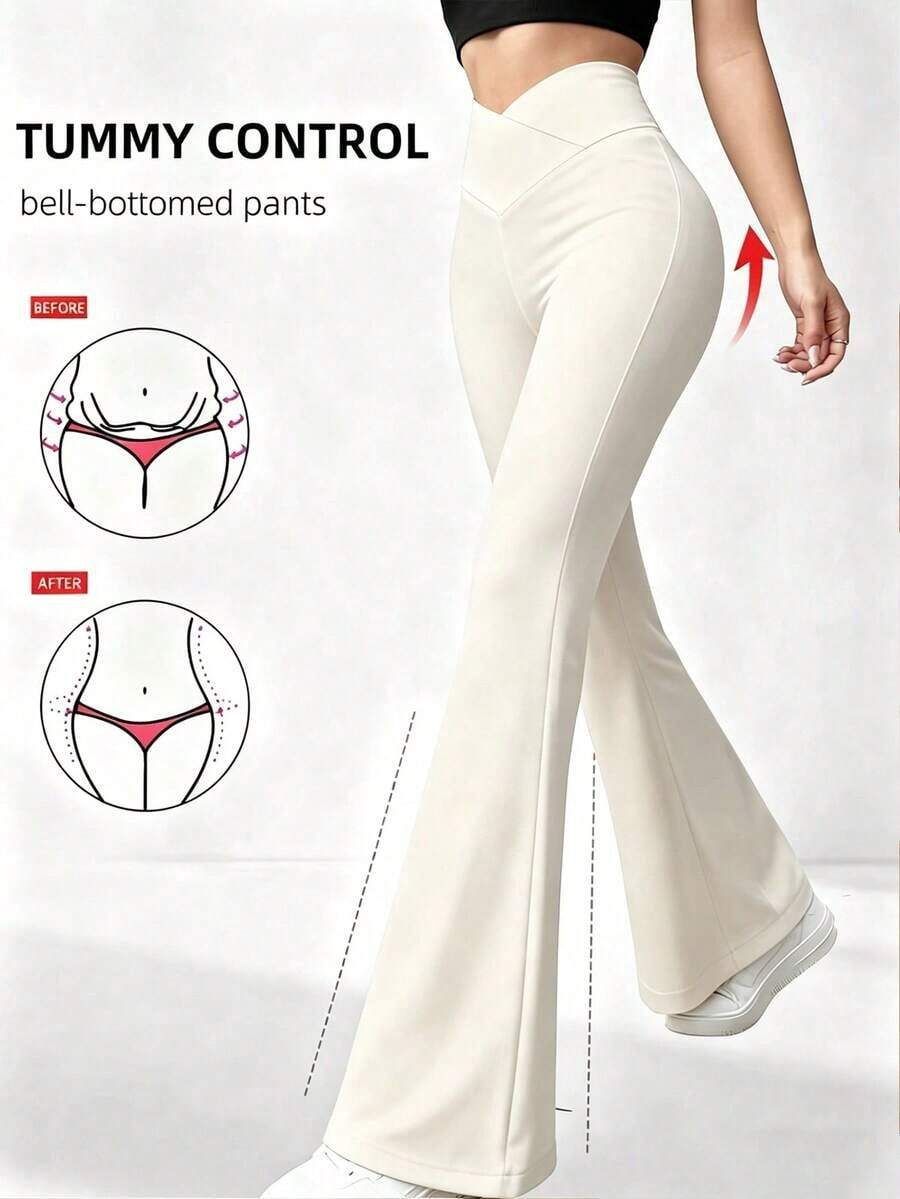 Pantalones acampanados con cintura cruzada para mujer, pantalones deportivos y de yoga de unicolor de poliéster de alta elasticidad, pantalones casuales largos con cintura cruzada, mallas ajustadas de unicolor para entrenamiento, pantalones de pierna ancha de tejido de punto adecuados para fitness y uso casual, negro, primavera - Blanco - Ver 1