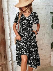Vestido largo de mujer con estampado de dálmata, drapeado frontal y volante en el bajo - Negro - Ver 1