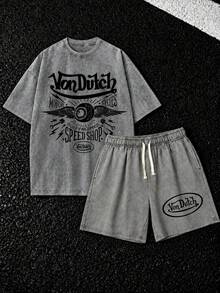 Pure Cotton Washed T Shirt And Shorts Set Van Dutch Motor Cycles Built For Speed Speed Shop Print Soft Comfortable Perfect For Daily Outfits Outdoor Activities Fitness And Travel Resistant To Dirt Easy To Clean Easy To Put On And Take Off Fashionable Versatile Ideal Gift For Relatives And Friends High End Texture - Xám - Xem 1