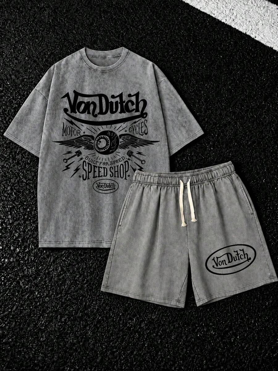 Pure Cotton Washed T Shirt And Shorts Set Van Dutch Motor Cycles Built For Speed Speed Shop Print Soft Comfortable Perfect For Daily Outfits Outdoor Activities Fitness And Travel Resistant To Dirt Easy To Clean Easy To Put On And Take Off Fashionable Versatile Ideal Gift For Relatives And Friends High End Texture - Xám - Xem 1