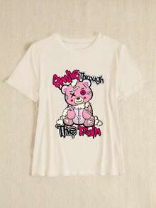 Camiseta casual de manga corta de ajuste ceñido para mujer, verano, ocio y cómoda, cuello redondo, estampado de "Sonríe a través del dolor" y oso, prenda de vestir de moda - Multicolor - Ver 4