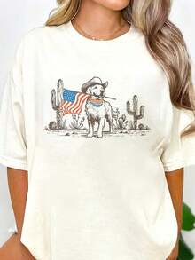Camiseta de cuello redondo con estampado de bandera estadounidense, perro y cactus - Blanco - Ver 2