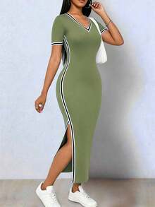 Vestido elegante de mujer de manga corta con cuello en V, de punto elástico de color negro con bloqueo de color, asimétrico con abertura en el bajo - Verde militar - Ver 3