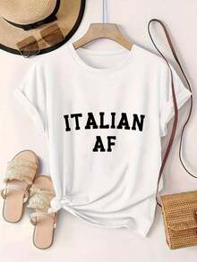 Camiseta Casual Estampada de Moda para Mujer de Italian Af, Adecuada para Todas las Temporadas  
 Negro - Blanco - Ver 2
