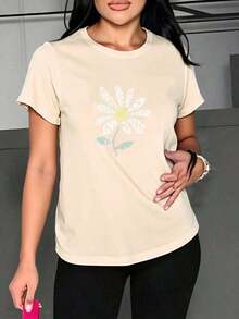 Camiseta casual de mujer con letras florales Camiseta informal holgada para mujer con estampado floral de girasoles Camisetas de MujerPure-Cotton - Albaricoque - Ver 3