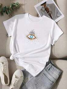 Camiseta de manga corta con estampado de ojo para mujer, blusas con gráficos para mujeresPure-Cotton - Blanco - Ver 1