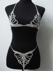 Rhinestone Claw Chain Body Chain Set, Sexy Lingerie Bra And Panty Set - White K - View 6