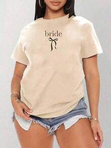 Camiseta oversize color crema de verano para mujer con estampado "Mama" de leopardo y cerezas Playera holgada de cuello redondo con diseño de letras de leopardo y cerezas con lazo - YH615 - Albaricoque - Ver 1