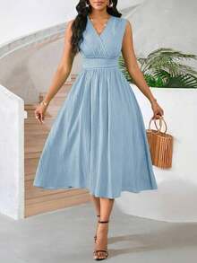 Vestido veraniego sin mangas de mediana longitud para mujer, de tela tejida con textura en color verde - Azul - Ver 7