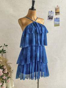 Nuevo vestido elegante y romántico para invitados de boda, de unicolor, con espalda descubierta, multicapa con volantes de gasa, minivestido, adecuado para estilo bohemio, boho, flores románticas, vacaciones, fiestas florales, citas, San Valentín, - Multicolor 4 - Ver 6