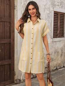Vestido camisero de rayas azules y blancas rastreable de algodón para mujer - Amarillo 2 - Ver 7