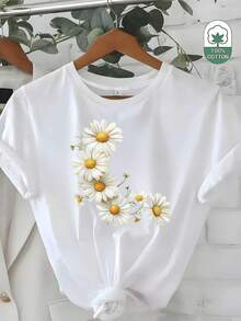 Playera gráfica casual juvenil para mujer en blanco/gris/verde/rojo con estampado de margaritas - Camiseta casual de manga corta y cuello redondo, corte relajado, camisa con estampado de flores, lavable a máquina, para usar en todas las estaciones (blanco con margaritas grises, margaritas verdes, margaritas rojas). - Blanco - Ver 6