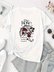Women's Simple Casual Sports T-Shirt With A Creative English Rose Print, Round Neck, And Short Sleeves. Comfortable Summer Top For Women. Women's Graphic Summer T-Shirt, Casual Printed T-Shirt With Short Sleeves And A Round Neck, Local Spring/Summer Streetwear. - 白色 - 查看 3