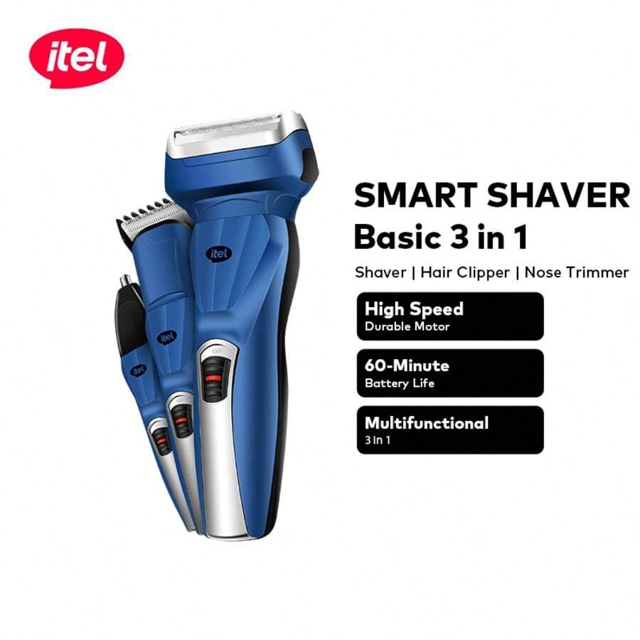 Itel ISS-13 3-In-1 Portable Smart Shaver, Rechargeable Trimmer With Stainless Steel Blades, Powerful Motor, Pop-Up Trimmer For Beard Mustache Sideburns, 60-Minute Battery Life, Quick USB Charging, Lightweight Durable Design - Blue - View 1